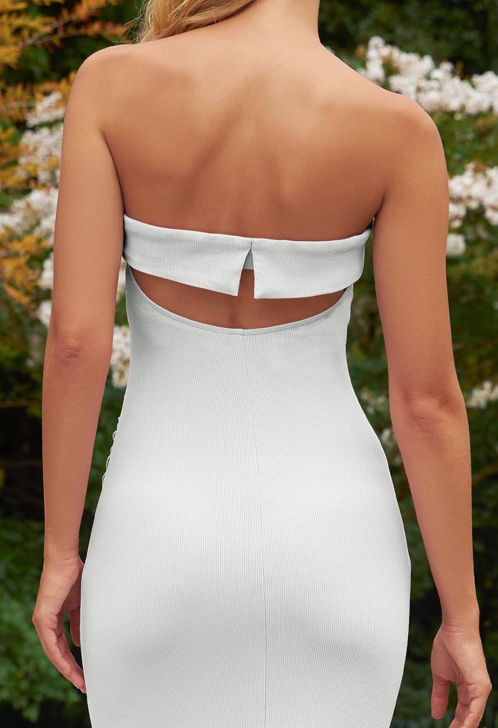 imageMEROKEETY Womens Strapless Bodycon Maxi Dress Sleeveless Backless Wedding Guest Cocktail Party Tube DressesWhite