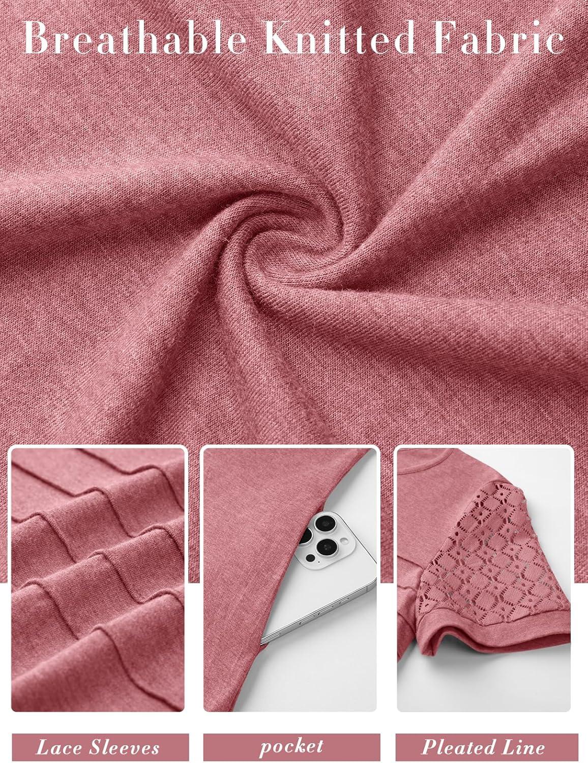 imageMEROKEETY Womens Summer Short Lace Sleeve T Shirt Dress Casual Crew Neck Pleated Front Shift DressesPink