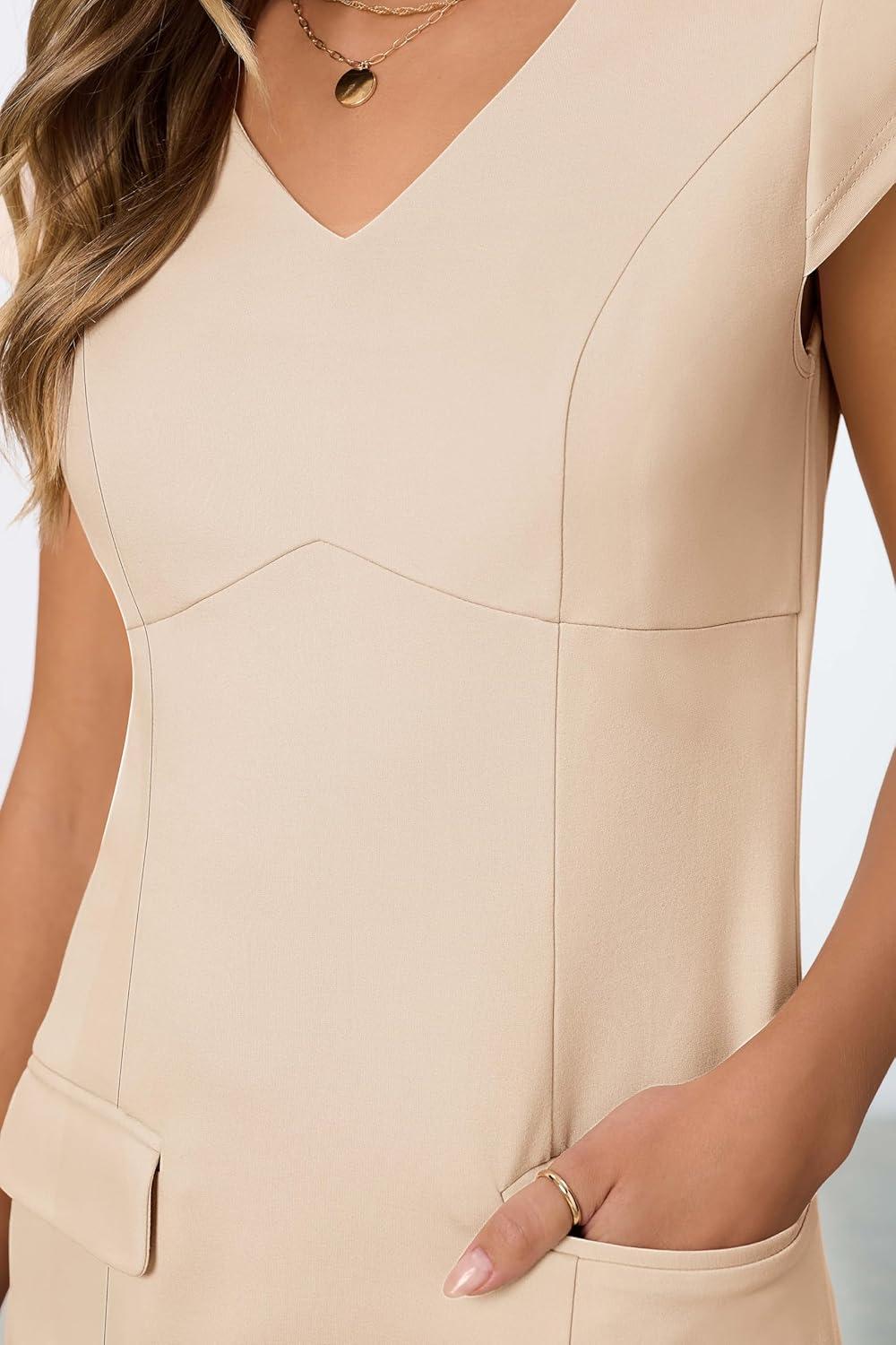 imageMEROKEETY Womens V Neck Work Business Dresses Elegant Formal Office Cap Sleeve Casual Mini DressKhaki