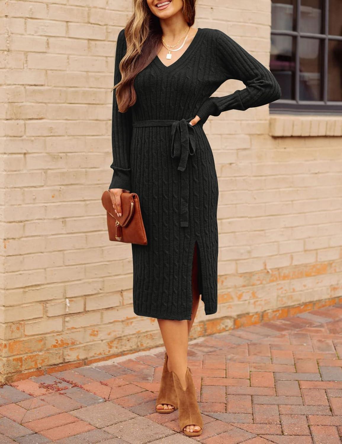 imageMEROKEETY Womens Winter Spring Long Sleeve Sweater Dress 2026 Fall V Neck Cable Knit Slit Bodycon Midi DressesBlack