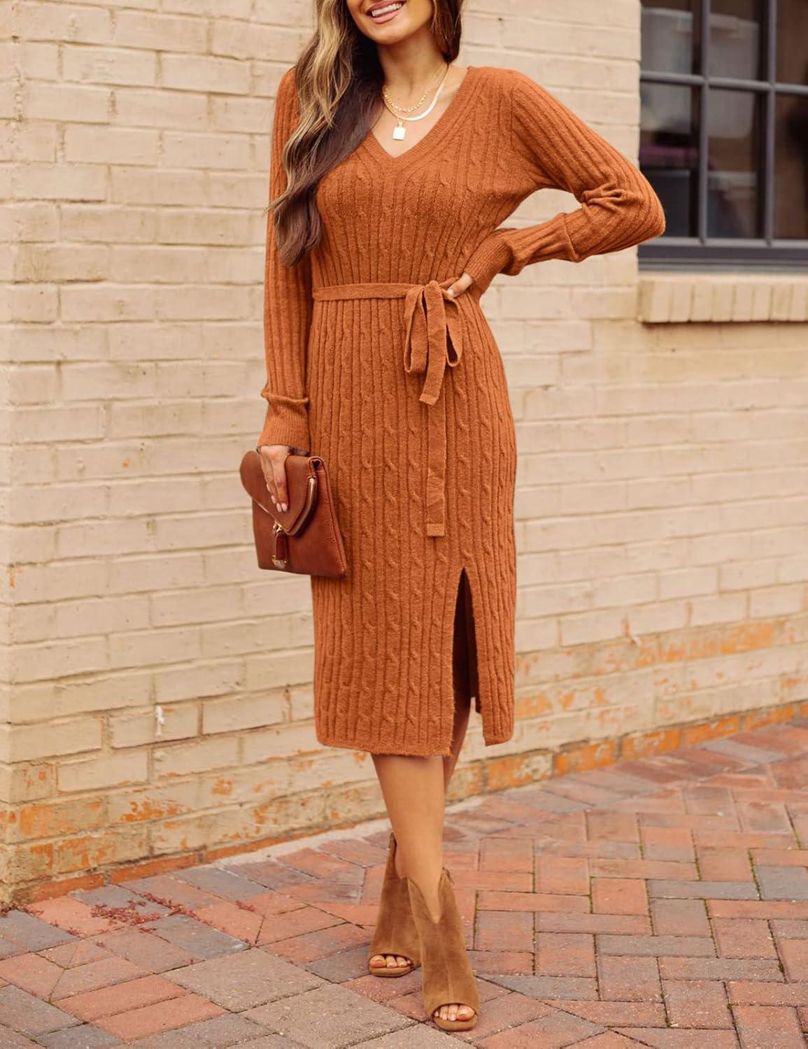 imageMEROKEETY Womens Winter Spring Long Sleeve Sweater Dress 2026 Fall V Neck Cable Knit Slit Bodycon Midi DressesBrick