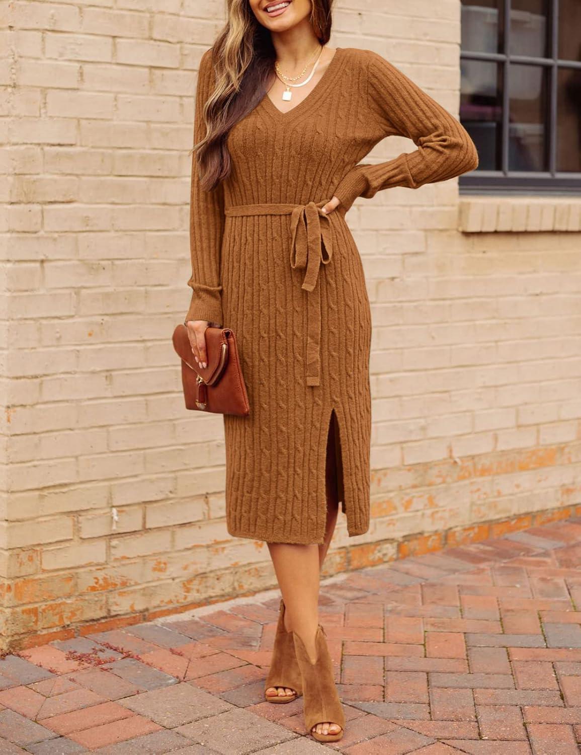 imageMEROKEETY Womens Winter Spring Long Sleeve Sweater Dress 2026 Fall V Neck Cable Knit Slit Bodycon Midi DressesCaramel