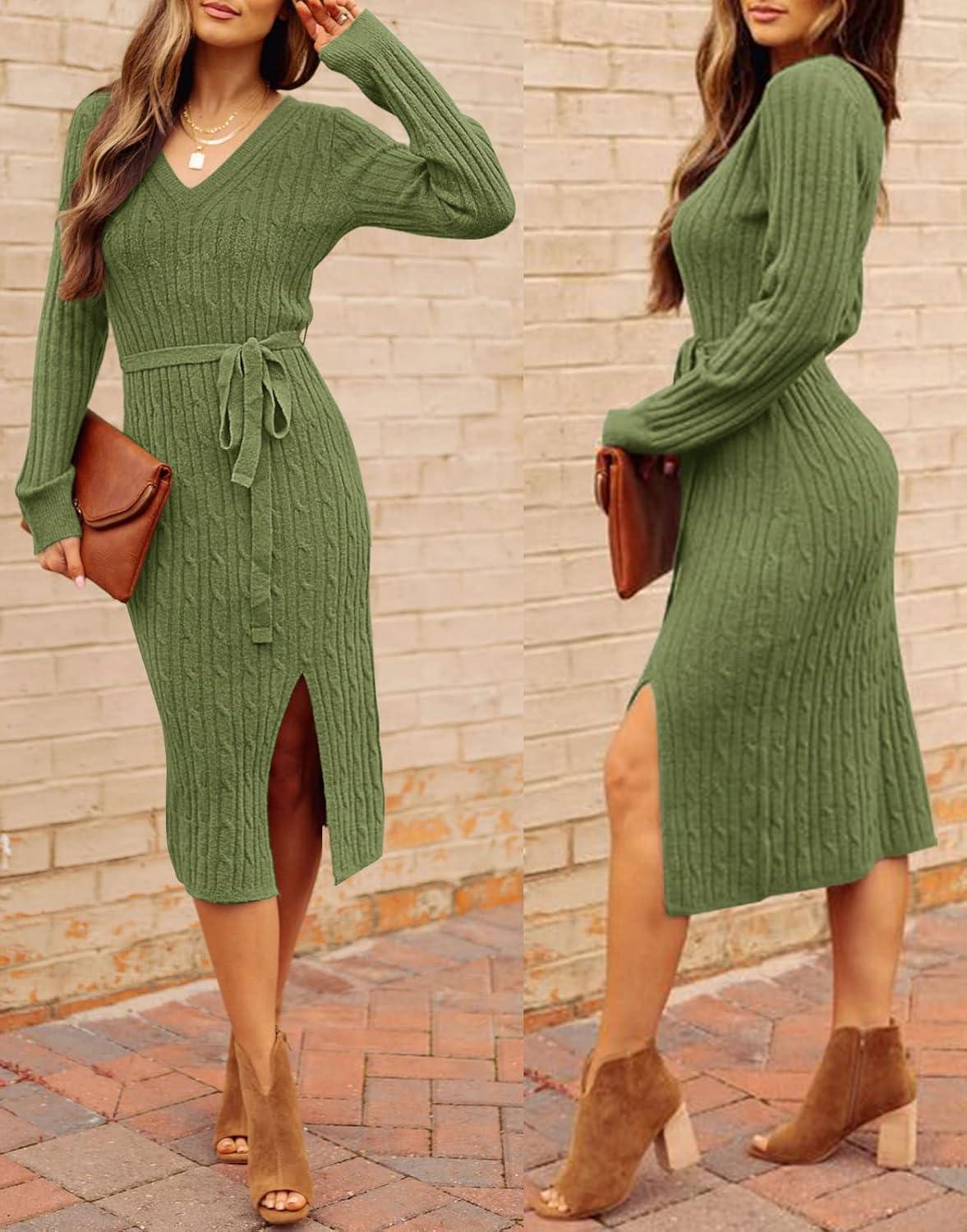 imageMEROKEETY Womens Winter Spring Long Sleeve Sweater Dress 2026 Fall V Neck Cable Knit Slit Bodycon Midi DressesGreen