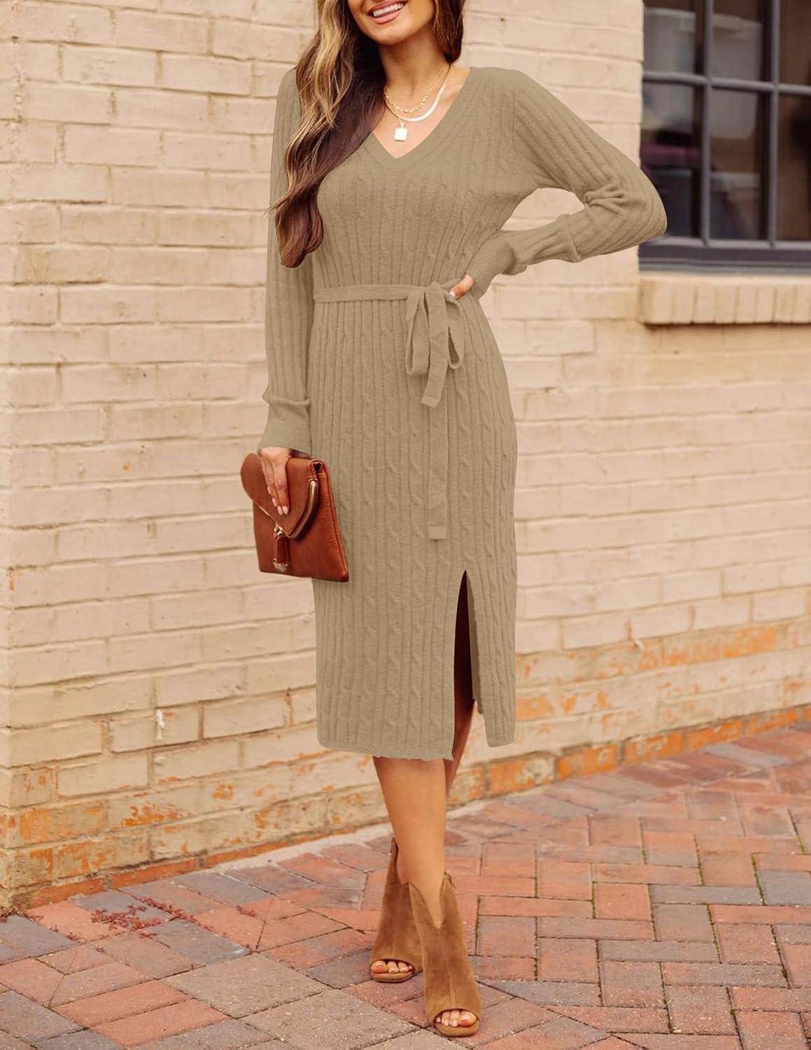 imageMEROKEETY Womens Winter Spring Long Sleeve Sweater Dress 2026 Fall V Neck Cable Knit Slit Bodycon Midi DressesKhaki
