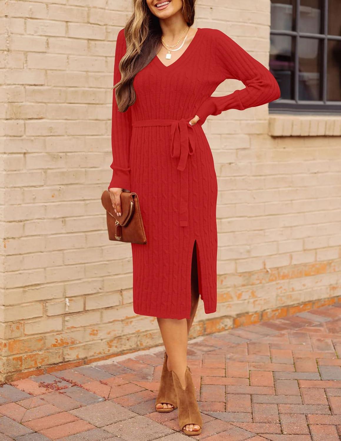 imageMEROKEETY Womens Winter Spring Long Sleeve Sweater Dress 2026 Fall V Neck Cable Knit Slit Bodycon Midi DressesRed