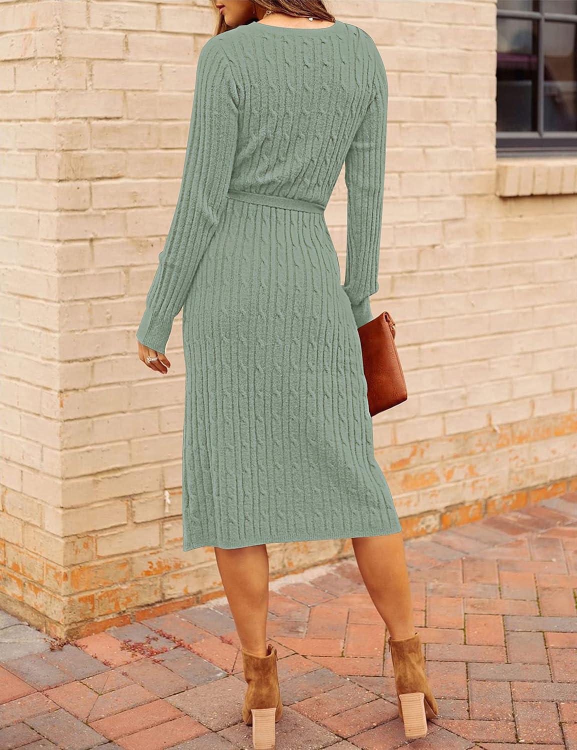 imageMEROKEETY Womens Winter Spring Long Sleeve Sweater Dress 2026 Fall V Neck Cable Knit Slit Bodycon Midi DressesSage