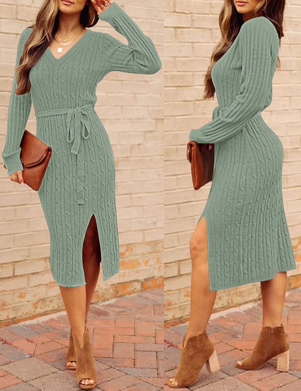 imageMEROKEETY Womens Winter Spring Long Sleeve Sweater Dress 2026 Fall V Neck Cable Knit Slit Bodycon Midi DressesSage
