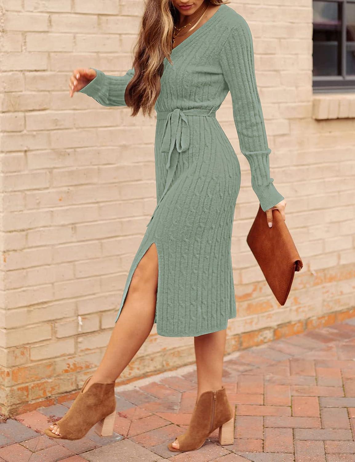 imageMEROKEETY Womens Winter Spring Long Sleeve Sweater Dress 2026 Fall V Neck Cable Knit Slit Bodycon Midi DressesSage
