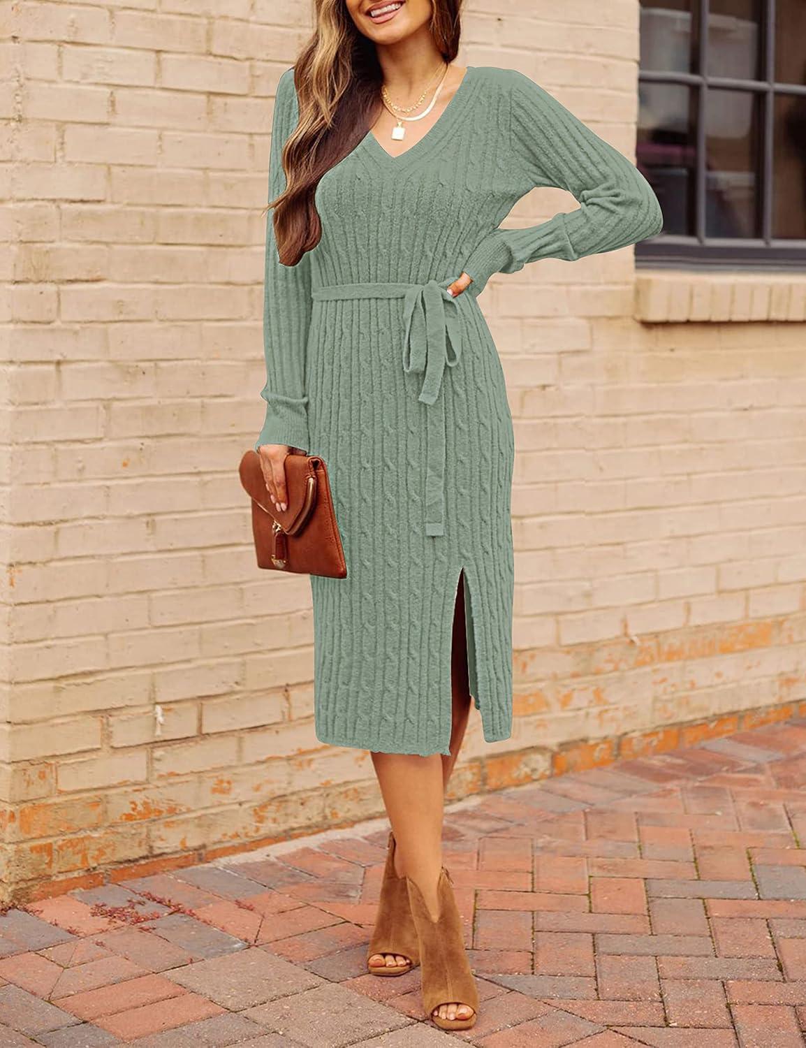 imageMEROKEETY Womens Winter Spring Long Sleeve Sweater Dress 2026 Fall V Neck Cable Knit Slit Bodycon Midi DressesSage