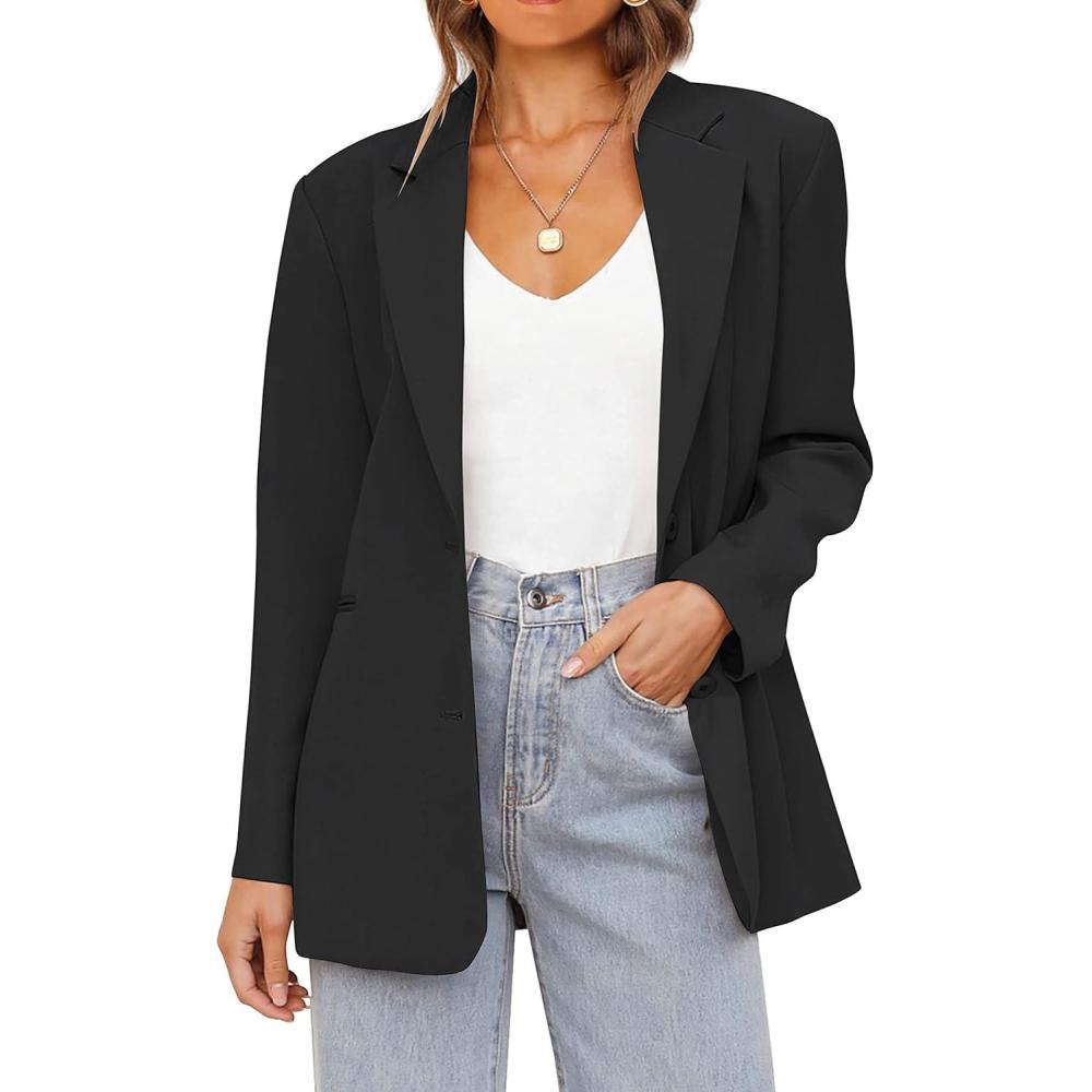 imageMEROKEETY Blazers for Women Business Casual 2025 Fall Oversized Long Sleeve Lapel Suit Jacket Work Office BlazerBlack
