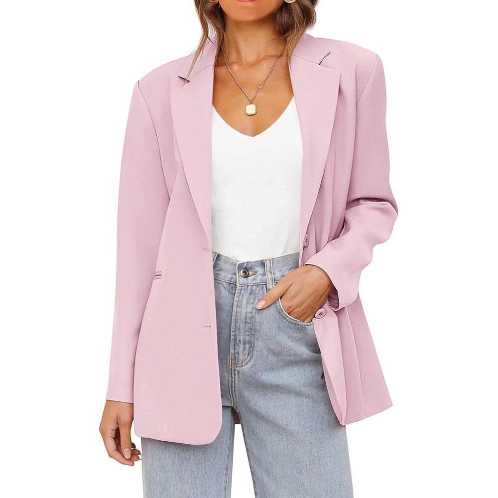 imageMEROKEETY Blazers for Women Business Casual 2025 Fall Oversized Long Sleeve Lapel Suit Jacket Work Office BlazerPink
