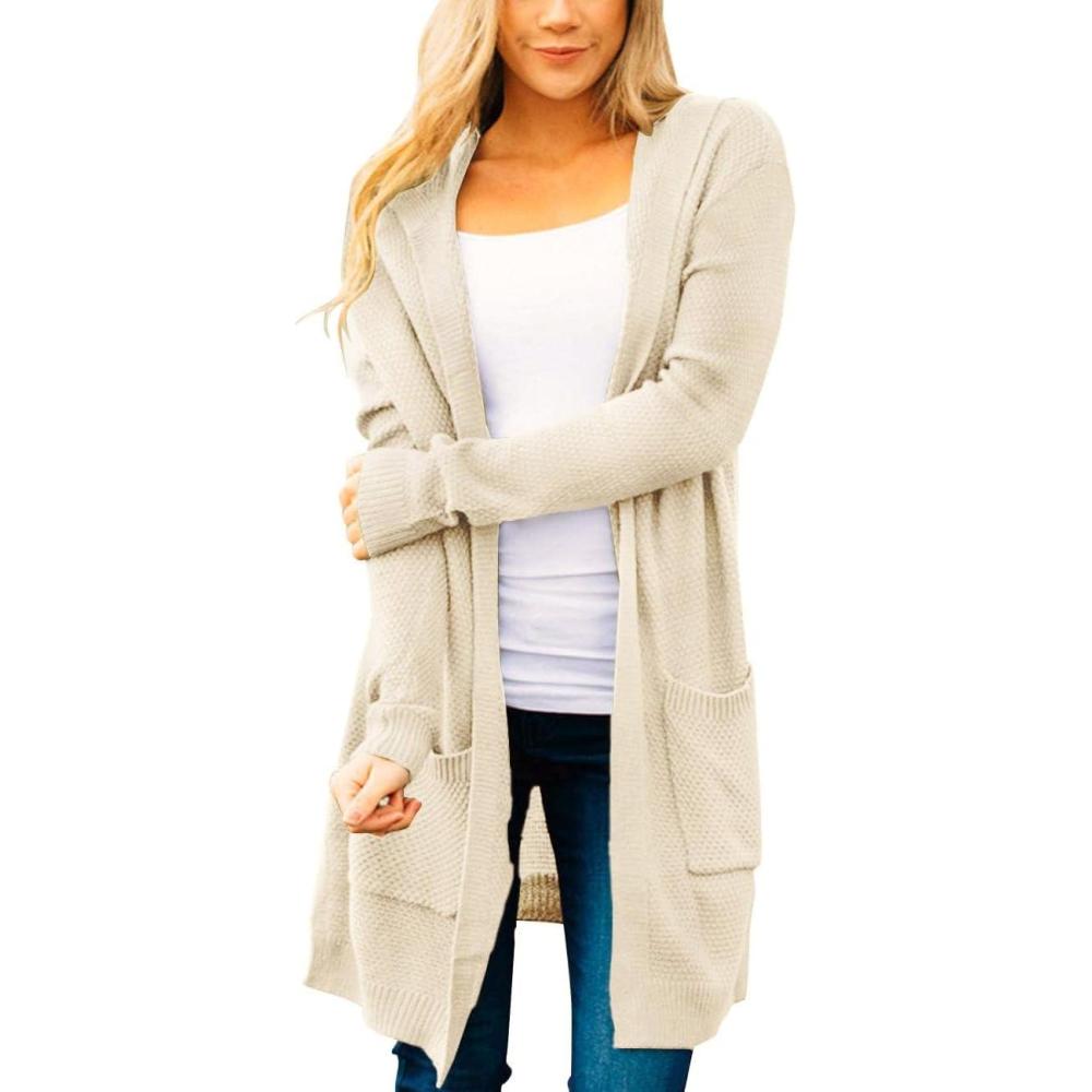 imageMEROKEETY Long Cardigans for Women 2026 Fall Winter Hooded Long Sleeve Open Front Sweaters with PocketsBeige