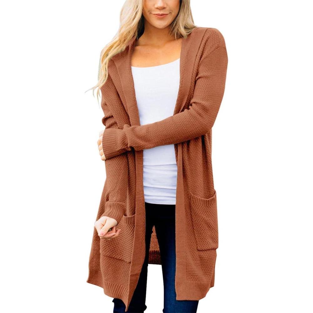 imageMEROKEETY Long Cardigans for Women 2026 Fall Winter Hooded Long Sleeve Open Front Sweaters with PocketsCaramel