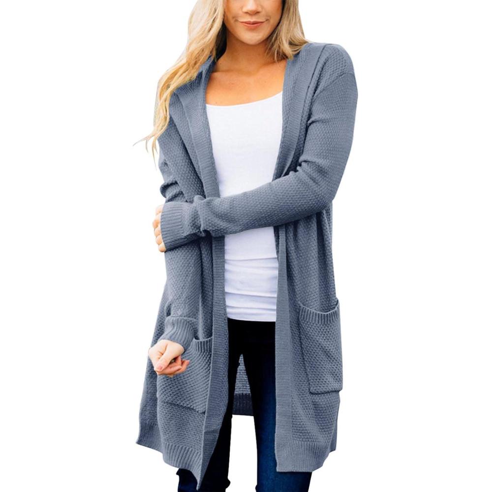 imageMEROKEETY Long Cardigans for Women 2026 Fall Winter Hooded Long Sleeve Open Front Sweaters with PocketsDusty Blue