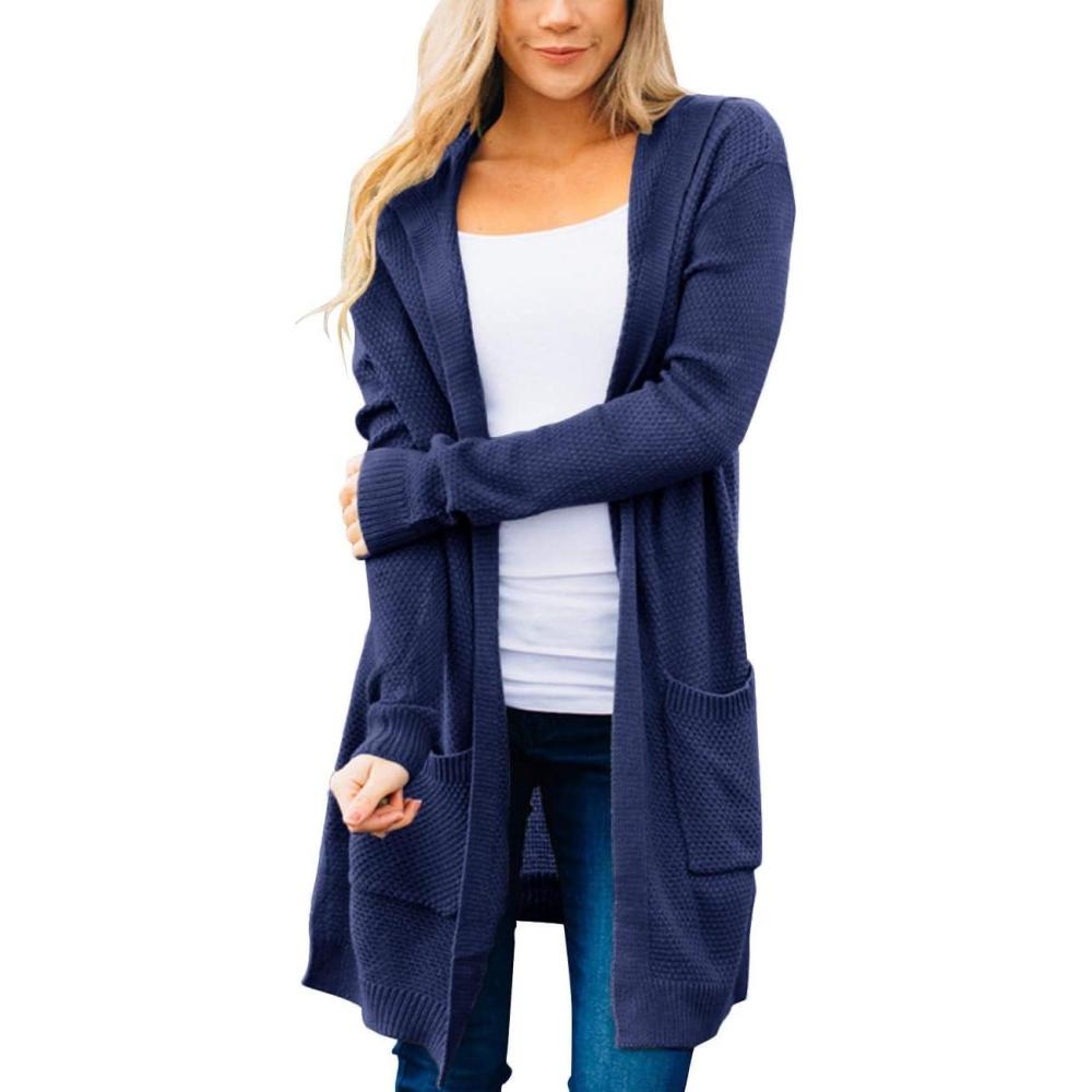 imageMEROKEETY Long Cardigans for Women 2026 Fall Winter Hooded Long Sleeve Open Front Sweaters with PocketsNavy