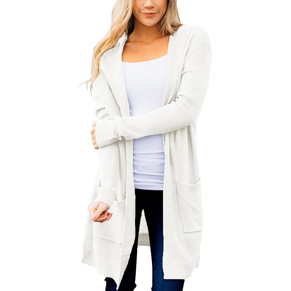 imageMEROKEETY Long Cardigans for Women 2026 Fall Winter Hooded Long Sleeve Open Front Sweaters with PocketsOffwhite