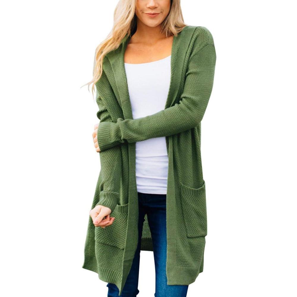 imageMEROKEETY Long Cardigans for Women 2026 Fall Winter Hooded Long Sleeve Open Front Sweaters with PocketsOlive