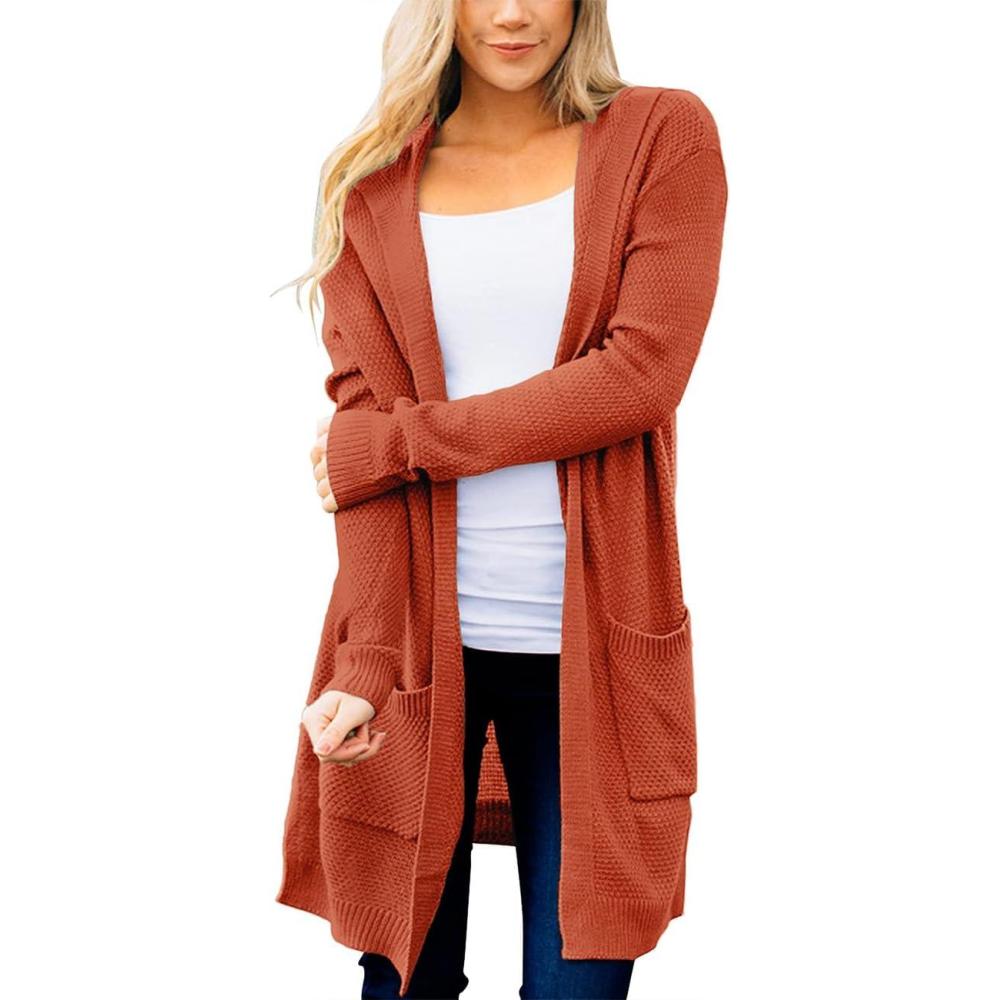 imageMEROKEETY Long Cardigans for Women 2026 Fall Winter Hooded Long Sleeve Open Front Sweaters with PocketsRust