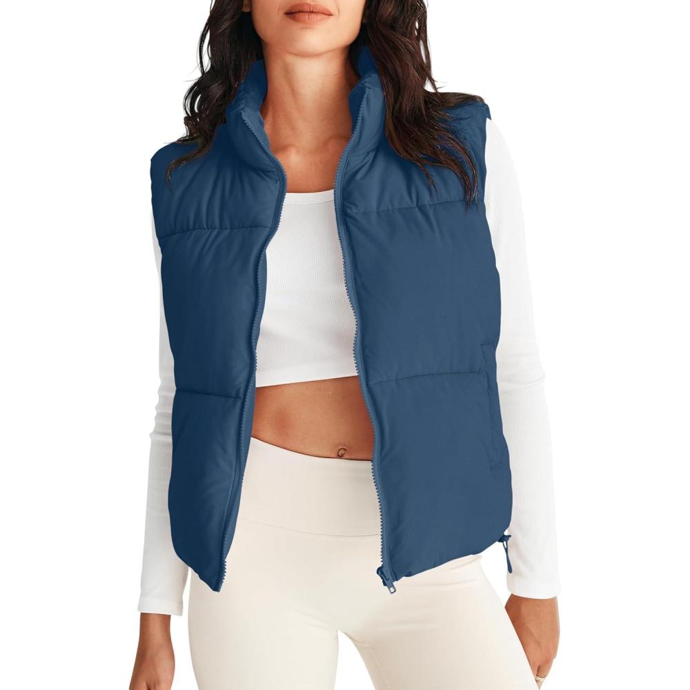 imageMEROKEETY Puffer Vest Women 2025 Fall Winter Sleeveless Jackets Lightweight Warm Stand Collar Quilted Zip Up CoatDarkblue