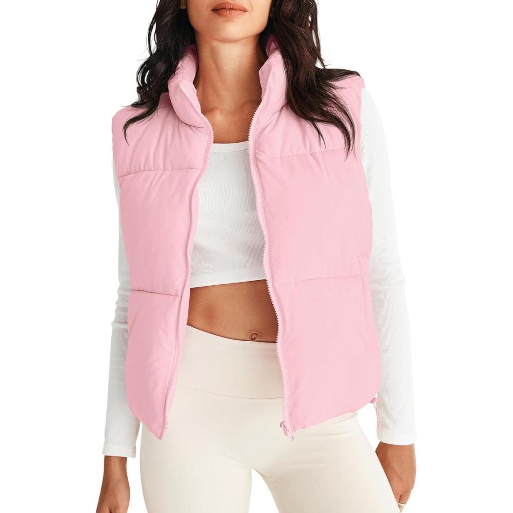 imageMEROKEETY Puffer Vest Women 2025 Fall Winter Sleeveless Jackets Lightweight Warm Stand Collar Quilted Zip Up CoatPink