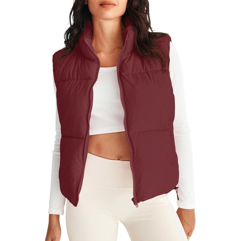 imageMEROKEETY Puffer Vest Women 2025 Fall Winter Sleeveless Jackets Lightweight Warm Stand Collar Quilted Zip Up CoatWine