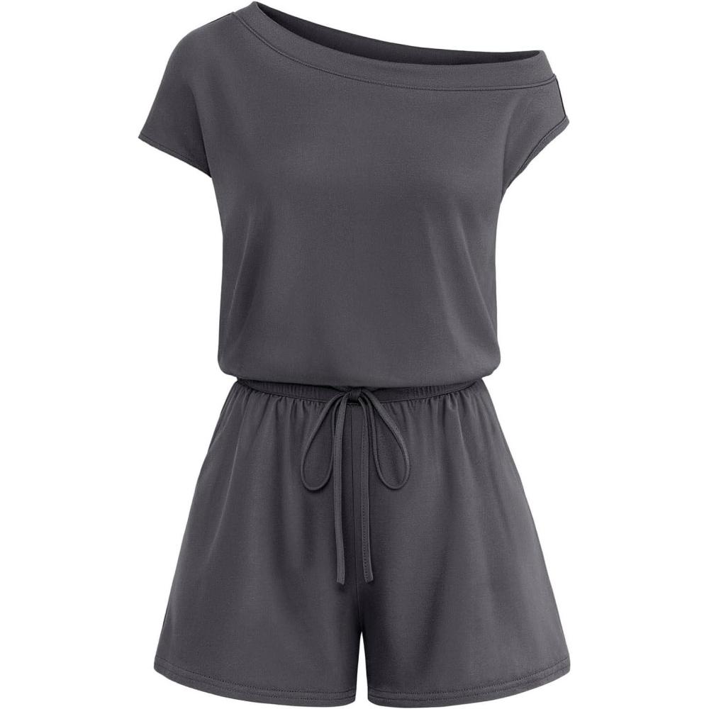 imageMEROKEETY Rompers for Women 2026 Summer Off The Shoulder Sleeveless Casual Beach Vacation Jumpsuits with PocketsDark Grey