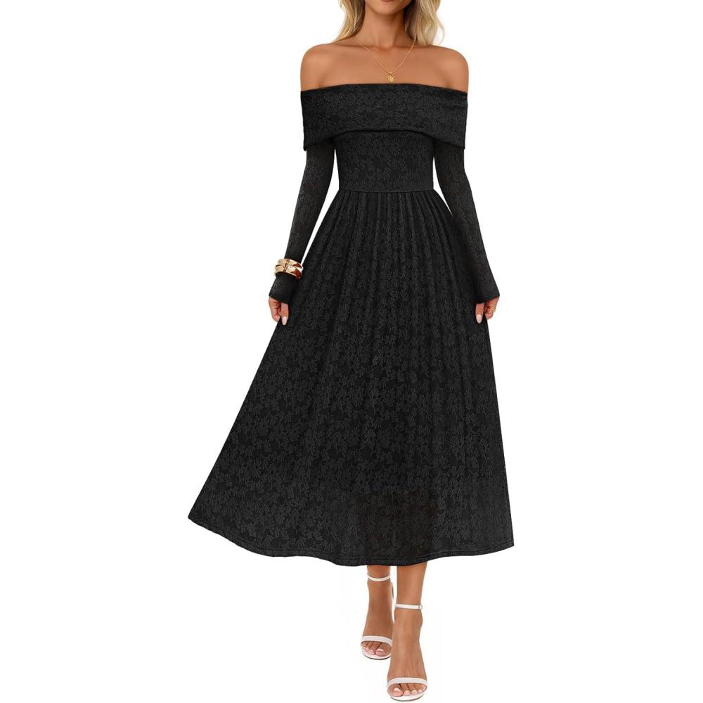 imageMEROKEETY Womens 2025 Fall Long Sleeve Floral Midi Dress Off Shoulder Wedding Guest Formal Long Flowy DressesBlack