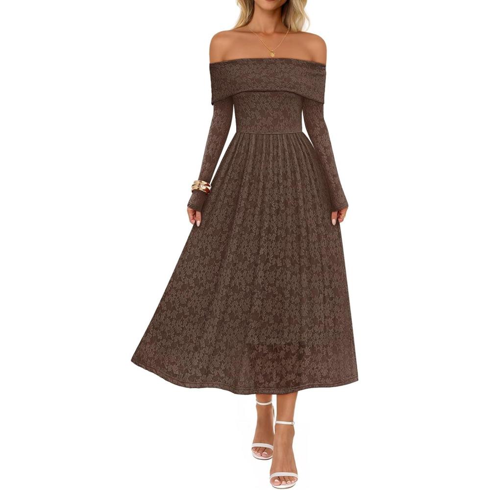 imageMEROKEETY Womens 2025 Fall Long Sleeve Floral Midi Dress Off Shoulder Wedding Guest Formal Long Flowy DressesCoffee