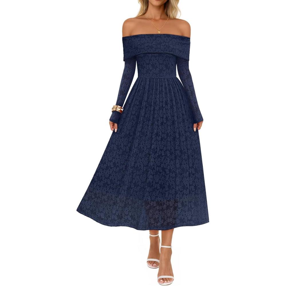 imageMEROKEETY Womens 2025 Fall Long Sleeve Floral Midi Dress Off Shoulder Wedding Guest Formal Long Flowy DressesDark Blue