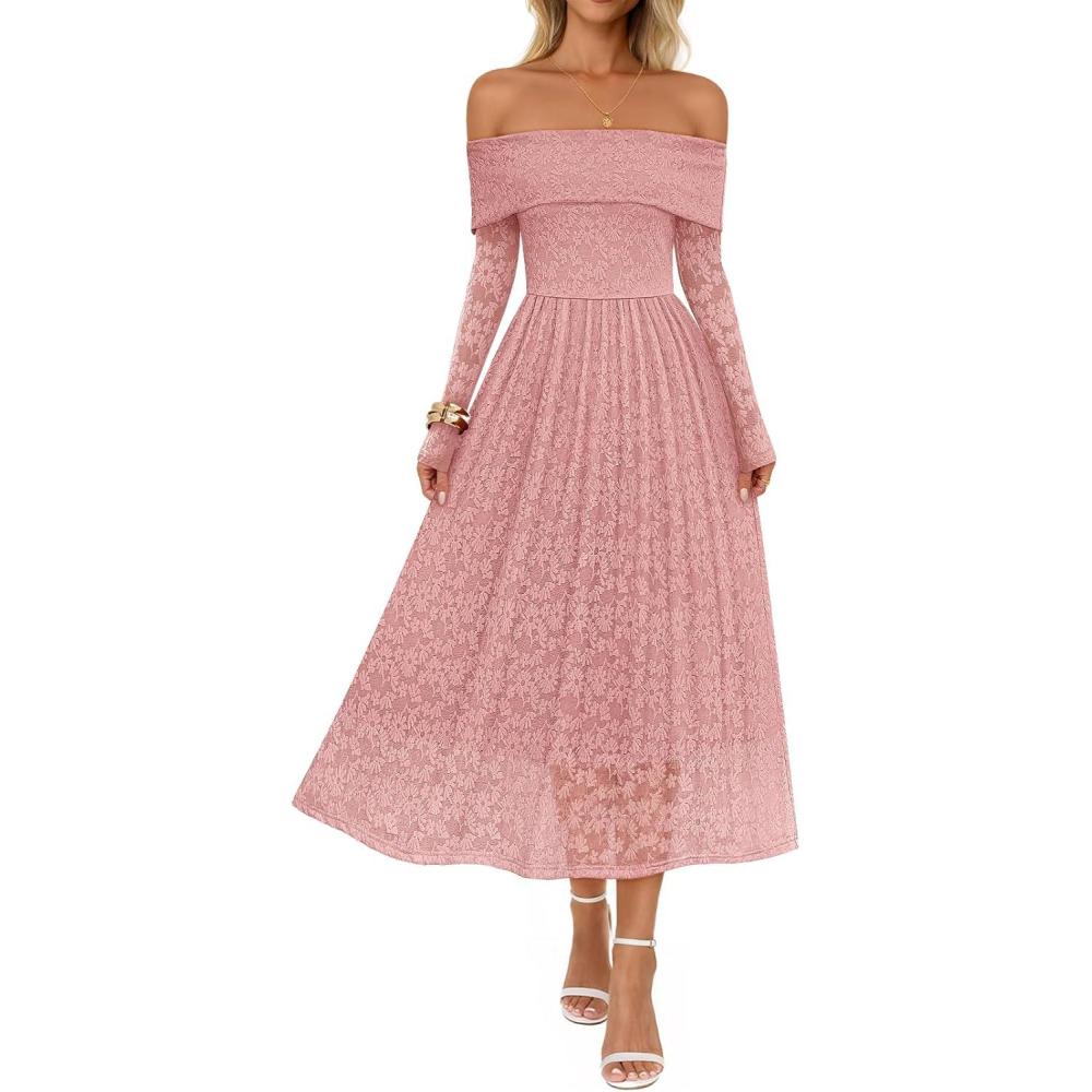 imageMEROKEETY Womens 2025 Fall Long Sleeve Floral Midi Dress Off Shoulder Wedding Guest Formal Long Flowy DressesPink