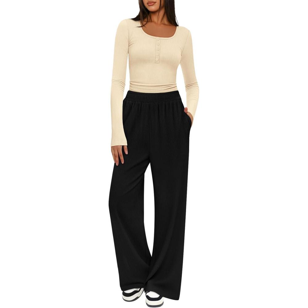 imageMEROKEETY Womens 2025 Fall Two Piece Airport Outfits Lounge Sets Henley Shirts Wide Leg Pants Matching SetsBeige Black