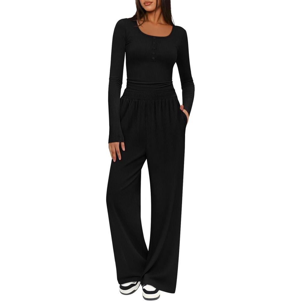 imageMEROKEETY Womens 2025 Fall Two Piece Airport Outfits Lounge Sets Henley Shirts Wide Leg Pants Matching SetsBlack