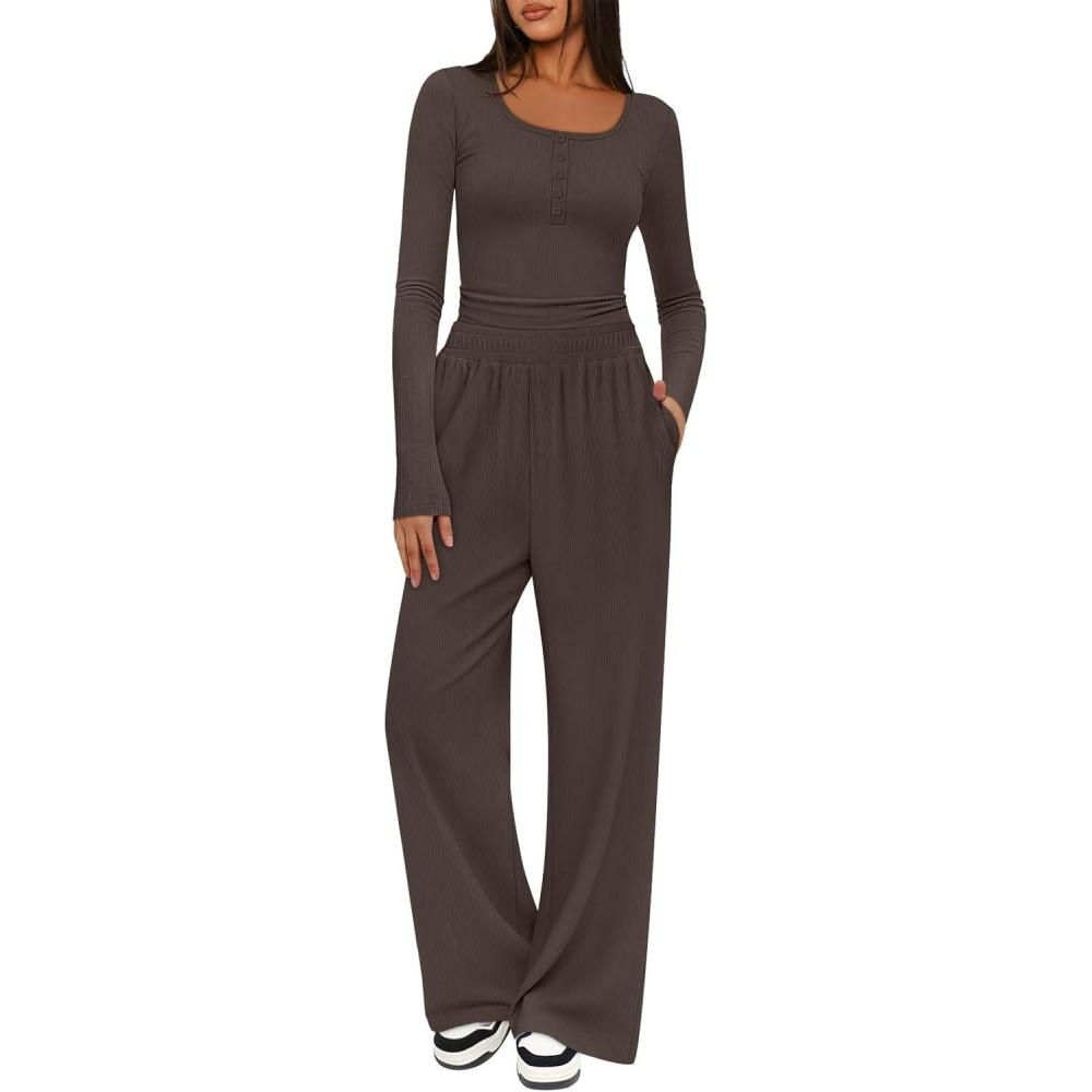 imageMEROKEETY Womens 2025 Fall Two Piece Airport Outfits Lounge Sets Henley Shirts Wide Leg Pants Matching SetsCoffee