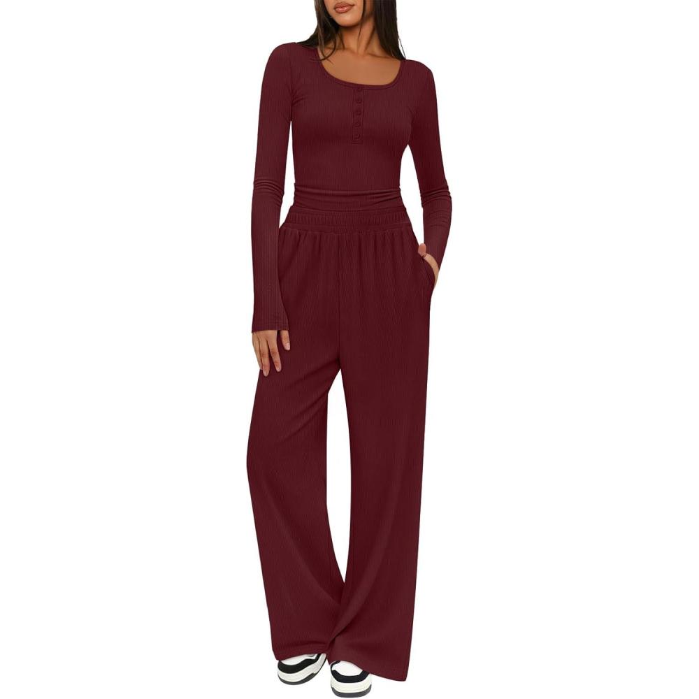 imageMEROKEETY Womens 2025 Fall Two Piece Airport Outfits Lounge Sets Henley Shirts Wide Leg Pants Matching SetsWine Red