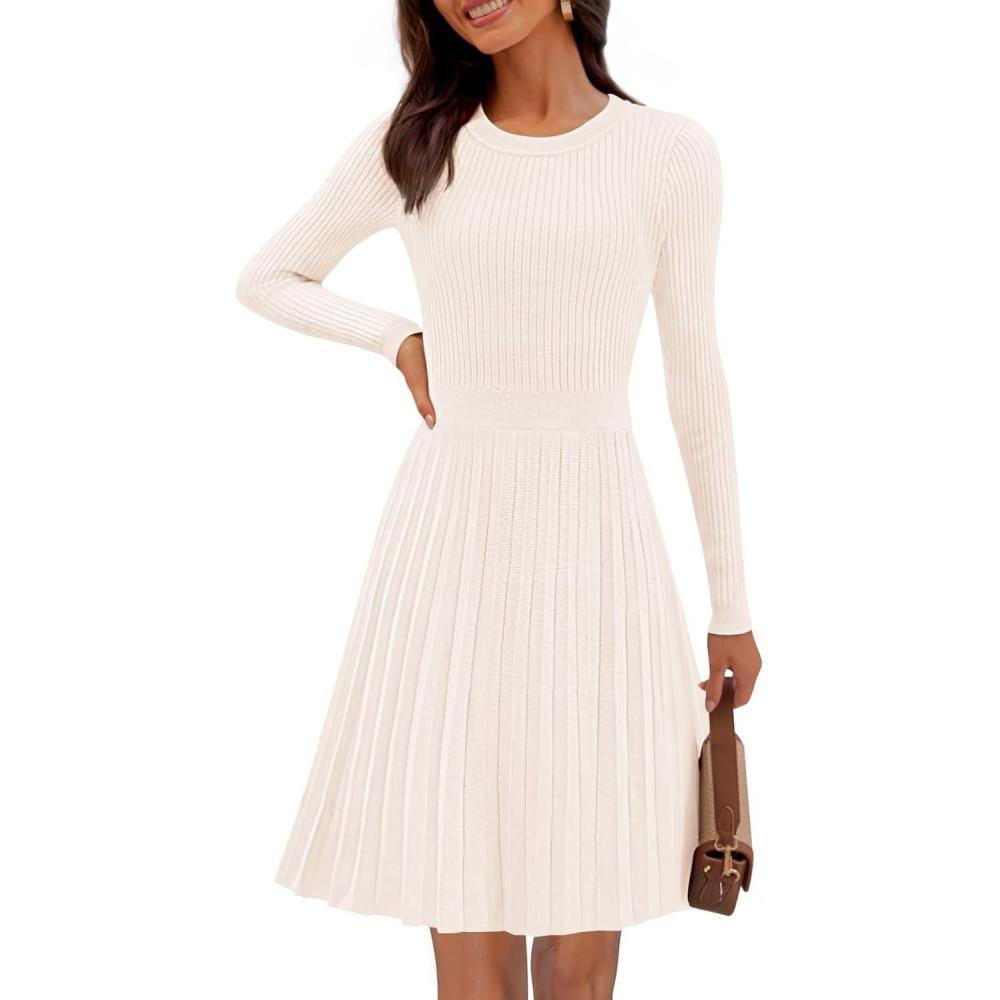 imageMEROKEETY Womens 2025 Long Sleeve Mini Sweater Dress Crewneck Ribbed Knit A Line Pleated Swing Short DressesBeige