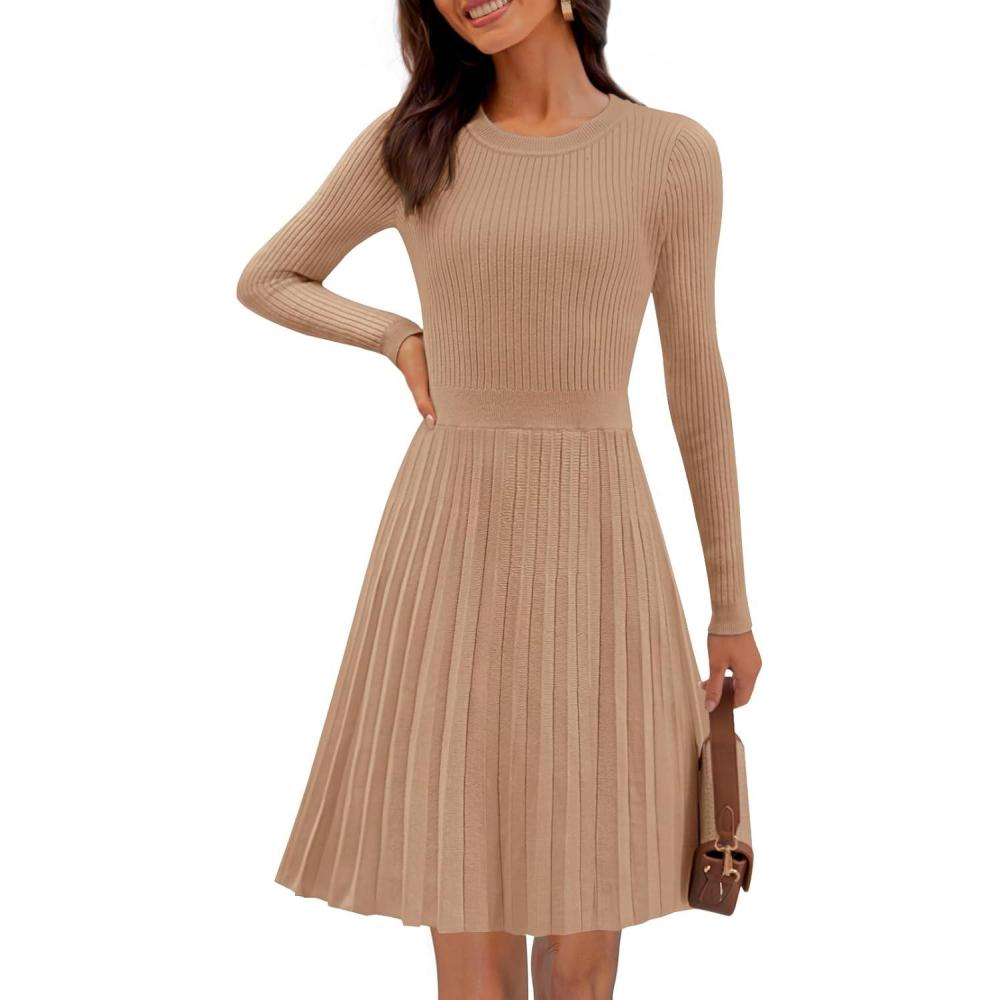 imageMEROKEETY Womens 2025 Long Sleeve Mini Sweater Dress Crewneck Ribbed Knit A Line Pleated Swing Short DressesKhaki