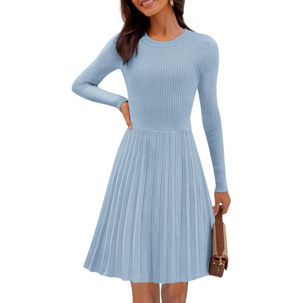 imageMEROKEETY Womens 2025 Long Sleeve Mini Sweater Dress Crewneck Ribbed Knit A Line Pleated Swing Short DressesLightblue