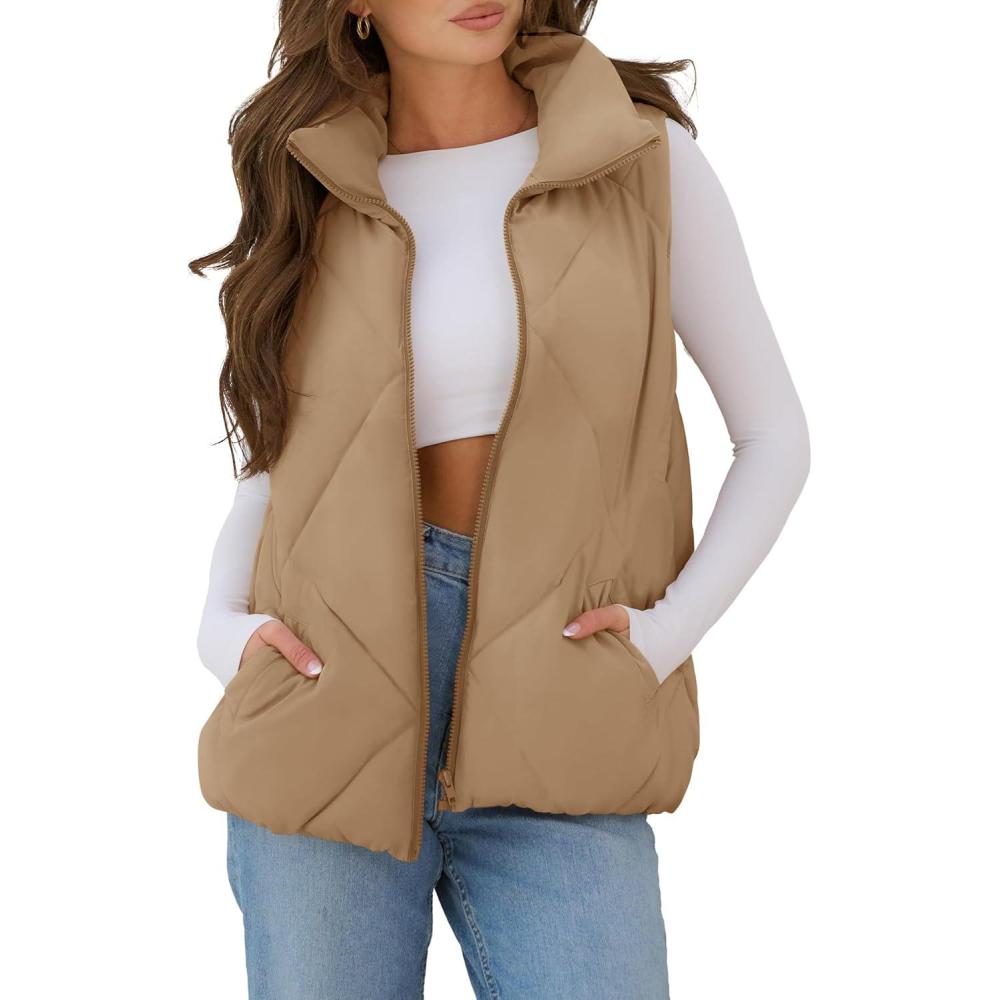 imageMEROKEETY Womens 2025 Puffer Vest Sleeveless Zip Up Quilted Coat Stand Collar Gilet Jacket With PocketsKhaki