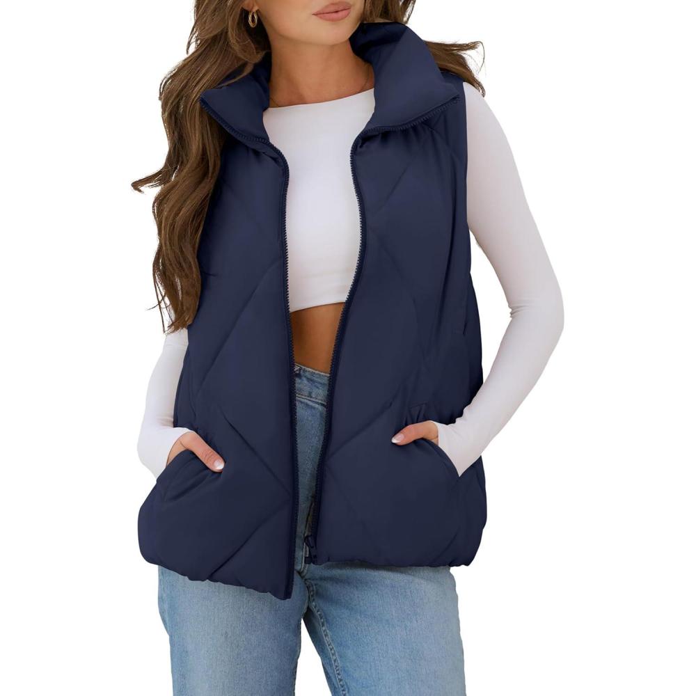 imageMEROKEETY Womens 2025 Puffer Vest Sleeveless Zip Up Quilted Coat Stand Collar Gilet Jacket With PocketsNavy