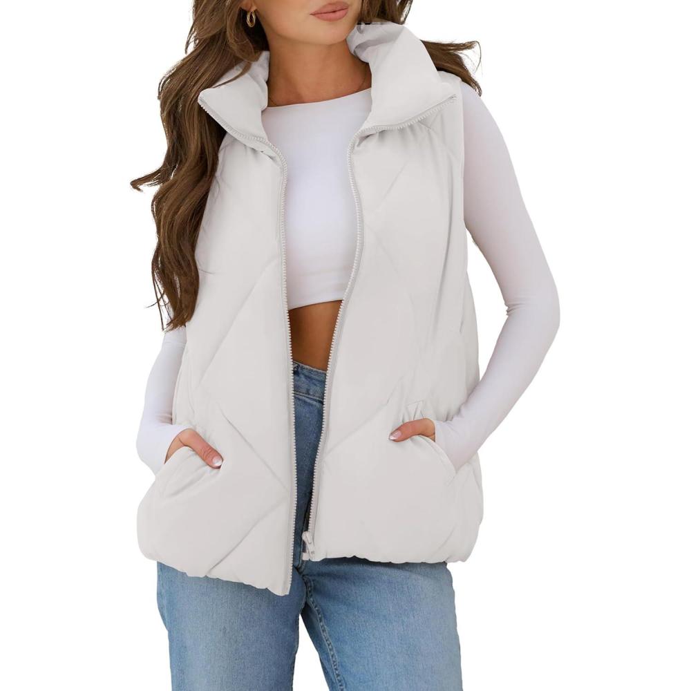 imageMEROKEETY Womens 2025 Puffer Vest Sleeveless Zip Up Quilted Coat Stand Collar Gilet Jacket With PocketsWhite