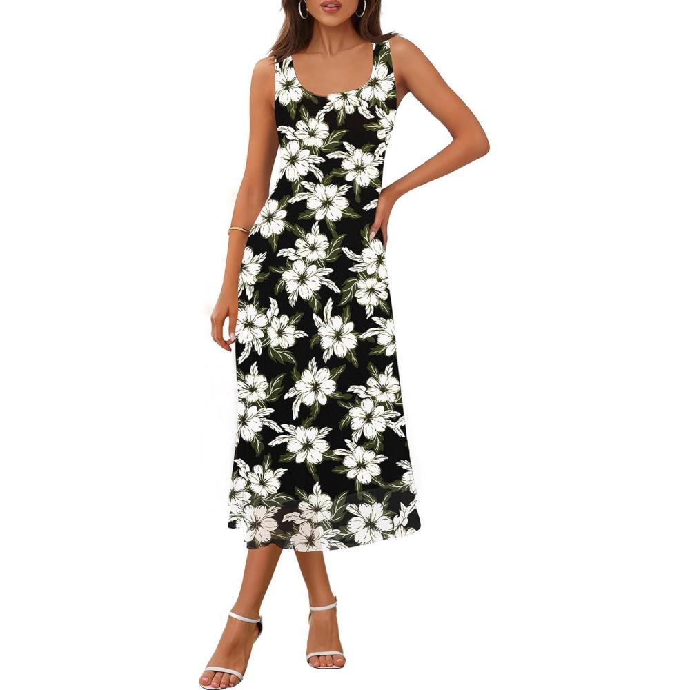imageMEROKEETY Womens 2025 Summer Floral Midi Dress Casual Flowy Mesh Boho Vacation Beach SundressBlack