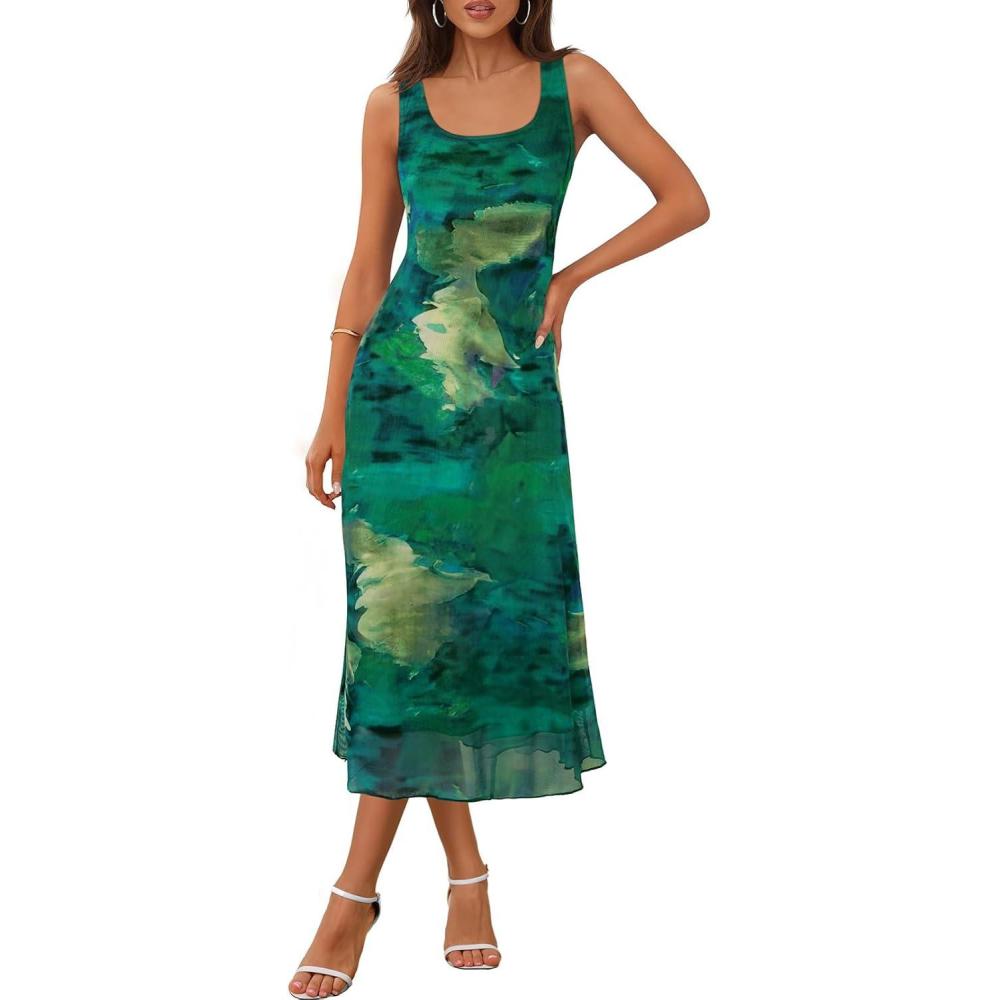 imageMEROKEETY Womens 2025 Summer Floral Midi Dress Casual Flowy Mesh Boho Vacation Beach SundressGreen