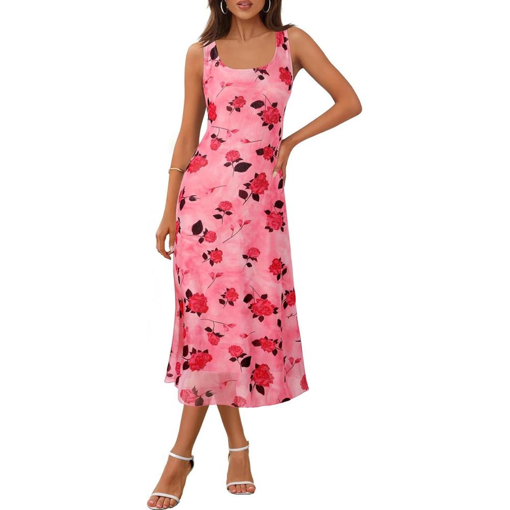 imageMEROKEETY Womens 2025 Summer Floral Midi Dress Casual Flowy Mesh Boho Vacation Beach SundressPink