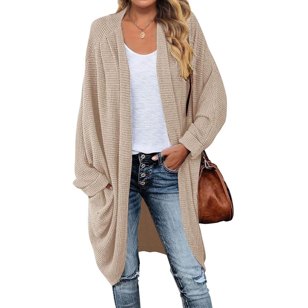 imageMEROKEETY Womens 2026 Fall Waffle Knit Batwing Long Sleeve Cardigan Loose Open Front Sweater CoatApricot