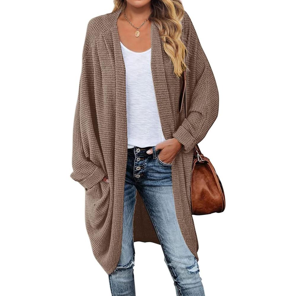 imageMEROKEETY Womens 2026 Fall Waffle Knit Batwing Long Sleeve Cardigan Loose Open Front Sweater CoatBrown