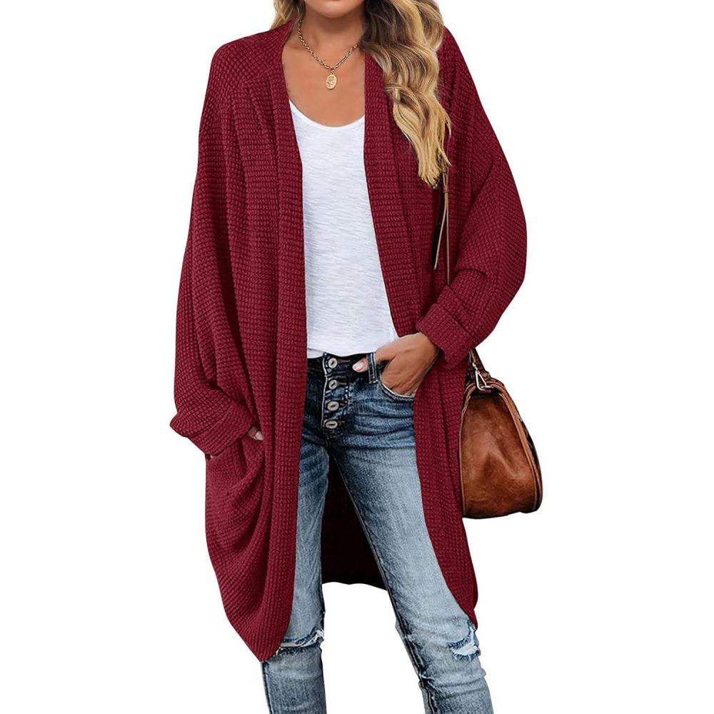 imageMEROKEETY Womens 2026 Fall Waffle Knit Batwing Long Sleeve Cardigan Loose Open Front Sweater CoatWine