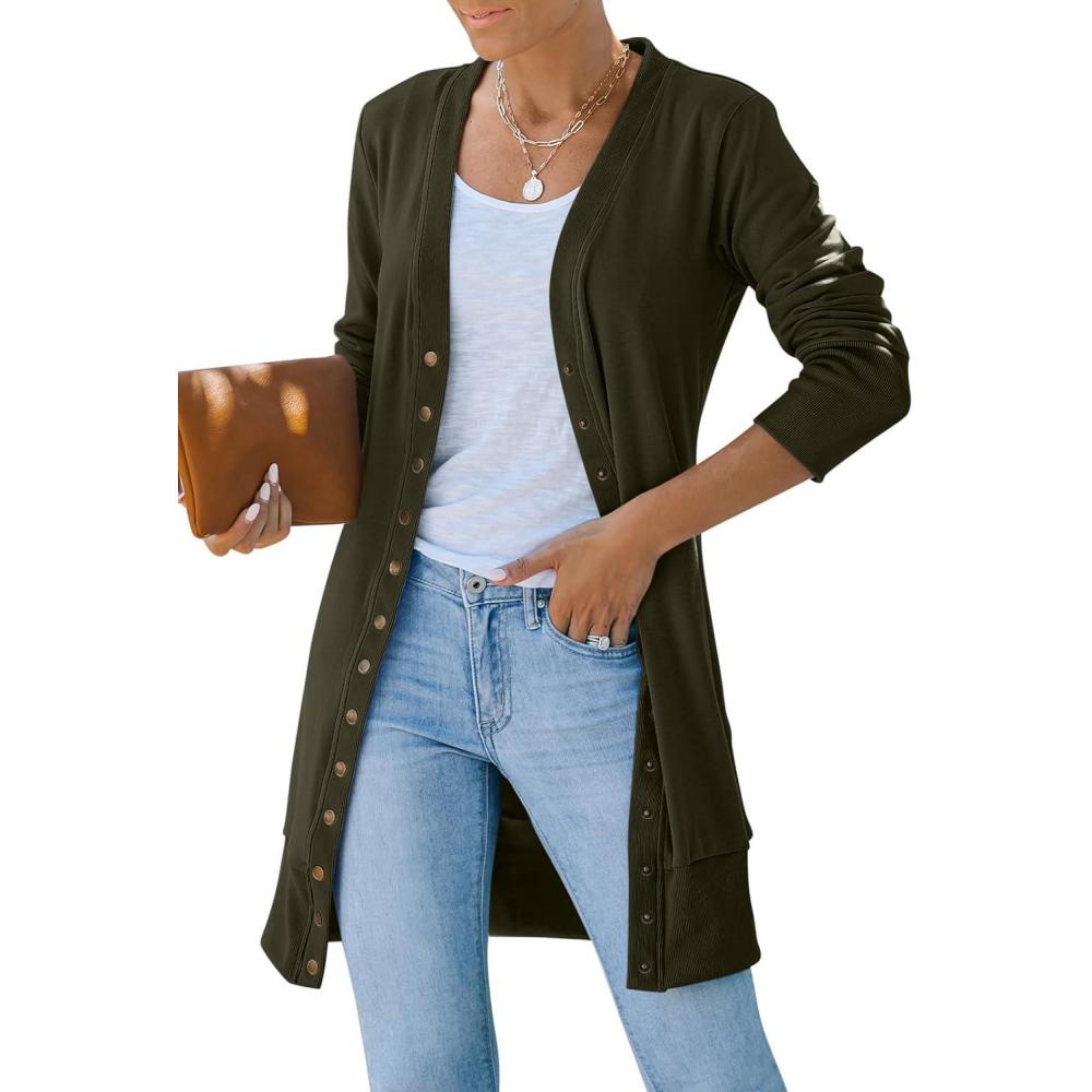 imageMEROKEETY Womens 2026 Spring Long Sleeve Cardigan Sweater Lightweight Snap Button Down Open Front Casual OutfitArmy Green
