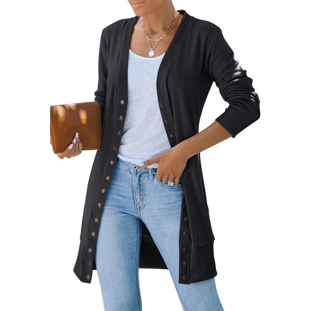 imageMEROKEETY Womens 2026 Spring Long Sleeve Cardigan Sweater Lightweight Snap Button Down Open Front Casual OutfitCharcoal