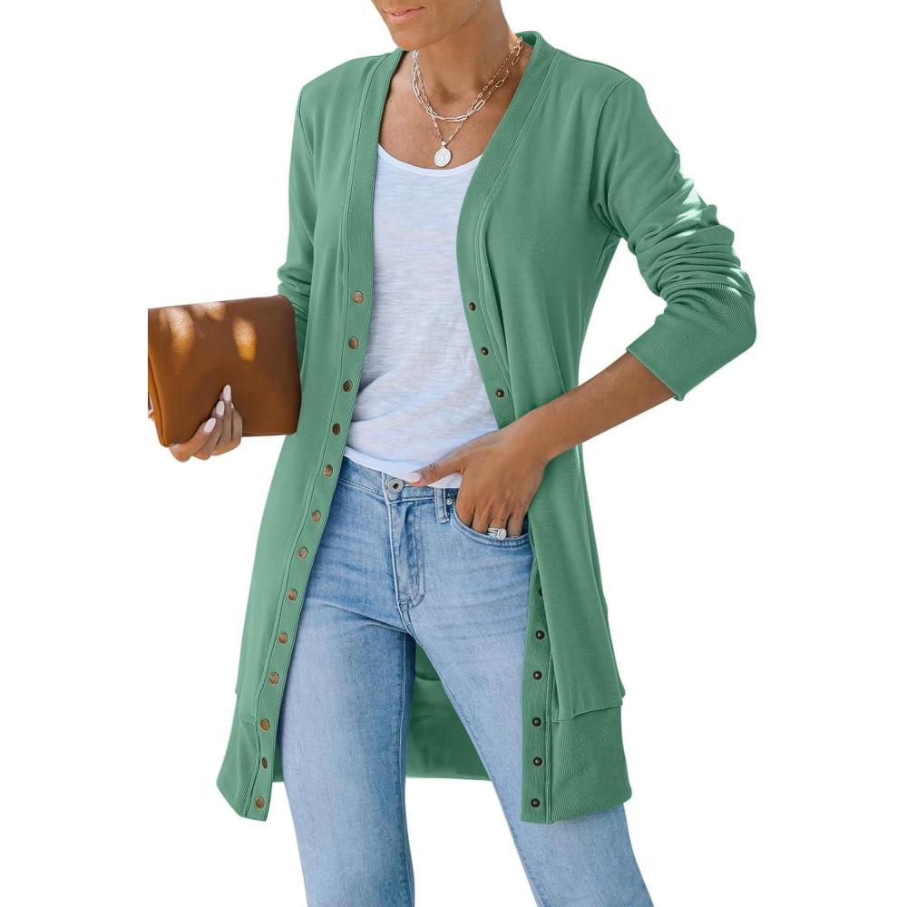 imageMEROKEETY Womens 2026 Spring Long Sleeve Cardigan Sweater Lightweight Snap Button Down Open Front Casual OutfitDusty Green