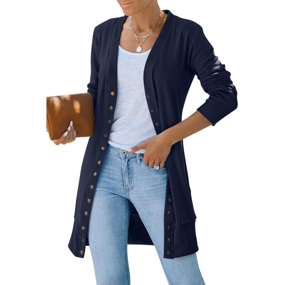 imageMEROKEETY Womens 2026 Spring Long Sleeve Cardigan Sweater Lightweight Snap Button Down Open Front Casual OutfitNavy